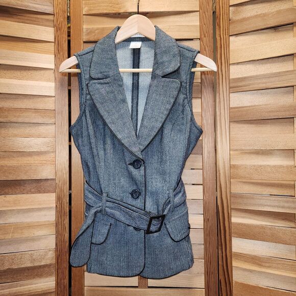 Monroe & Main Gray Tweed Vest Women 10 Button Closure Faux Leather Polyester - Picture 1 of 9